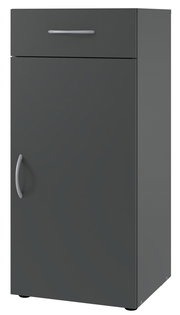 Moderner, grauer Schuhschrank mit einer Schublade und einer Tür, frontal abgebildet.