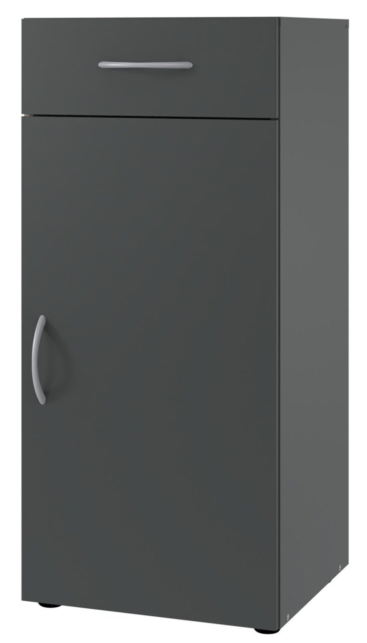 Moderner, grauer Schuhschrank mit einer Schublade und einer Tür, frontal abgebildet.