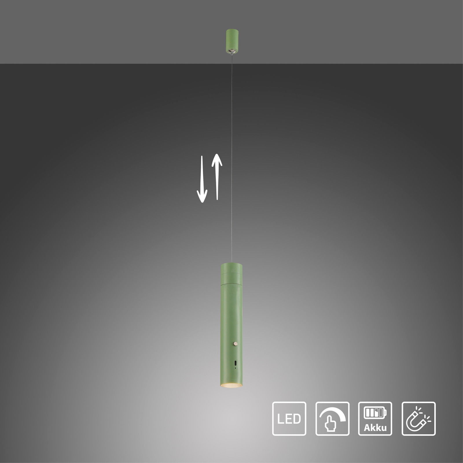 Grüne Akku-Pendelleuchte mit zylindrischem Design, von der Seite betrachtet. Höhenverstellbar mit LED-Beleuchtung und Akku-Symbolen.