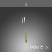 Grüne Akku-Pendelleuchte mit zylindrischem Design, von der Seite betrachtet. Höhenverstellbar mit LED-Beleuchtung und Akku-Symbolen.