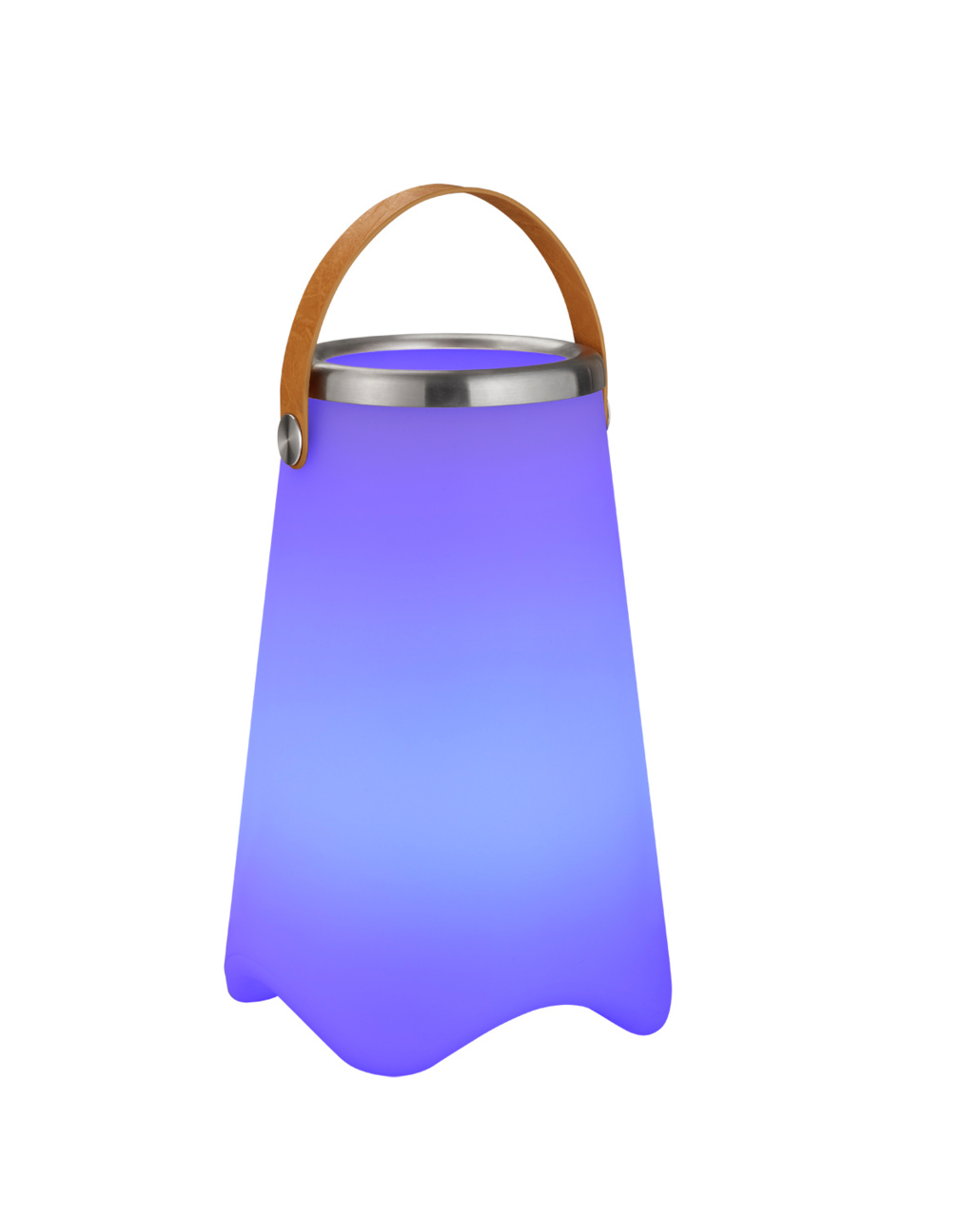 Outdoor-Sektkühler JAMAICA mit blauem Leuchten und braunem Tragegriff, seitliche Perspektive