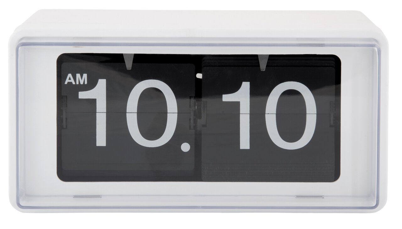 Retro Flip-Uhr in Weiß mit schwarzem Ziffernblatt, zeigt die Zeit 10:10 AM an, frontale Ansicht.