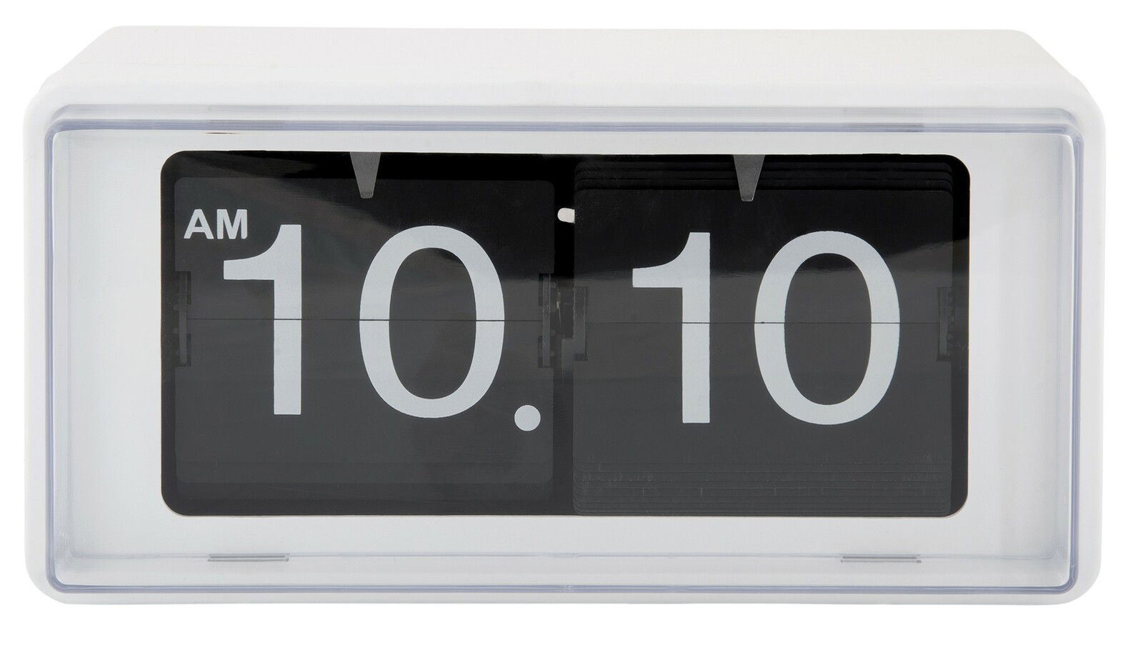 Retro Flip-Uhr in Weiß mit schwarzem Ziffernblatt, zeigt die Zeit 10:10 AM an, frontale Ansicht.