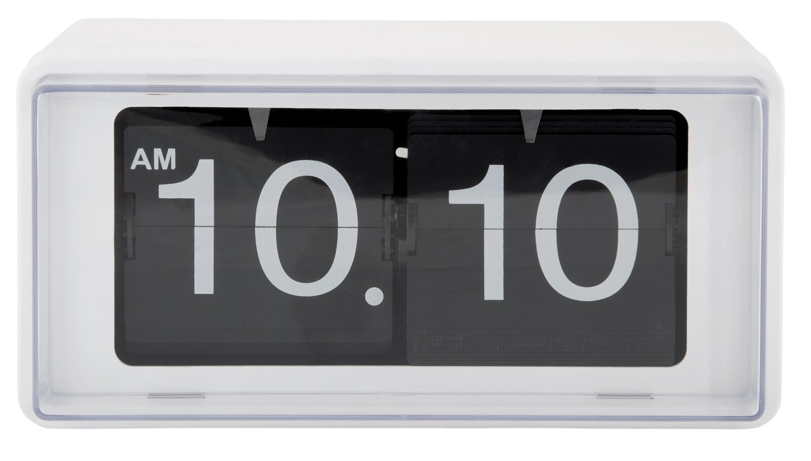 Retro Flip-Uhr in Weiß mit schwarzem Ziffernblatt, zeigt die Zeit 10:10 AM an, frontale Ansicht.