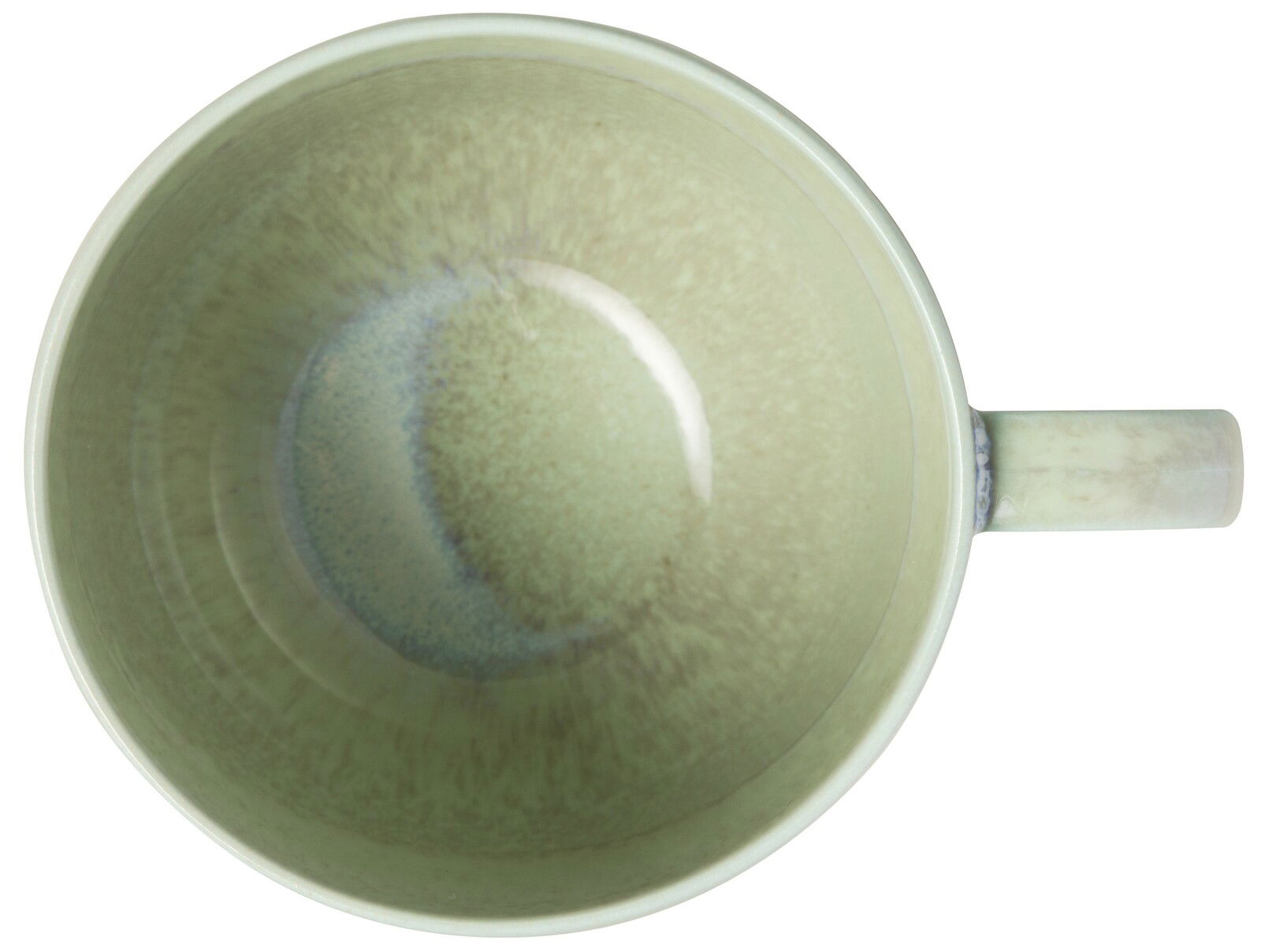 Obenansicht einer grünen Kaffeetasse mit Henkel, die eine gesprenkelte Innenseite aufweist.