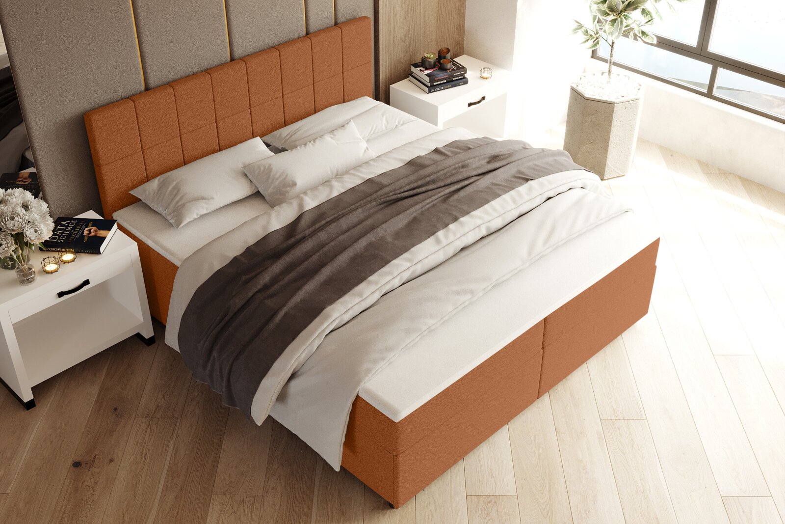 Modern gestoffeerd bed in cognac-oranje met een gestoffeerd, geruit hoofdeinde en boxspring-look, bekleed met wit beddengoed en een grijze deken, in een lichte slaapkamer – perspectief: schuin van bovenaf vanuit de hoek (3/4-aanzicht).