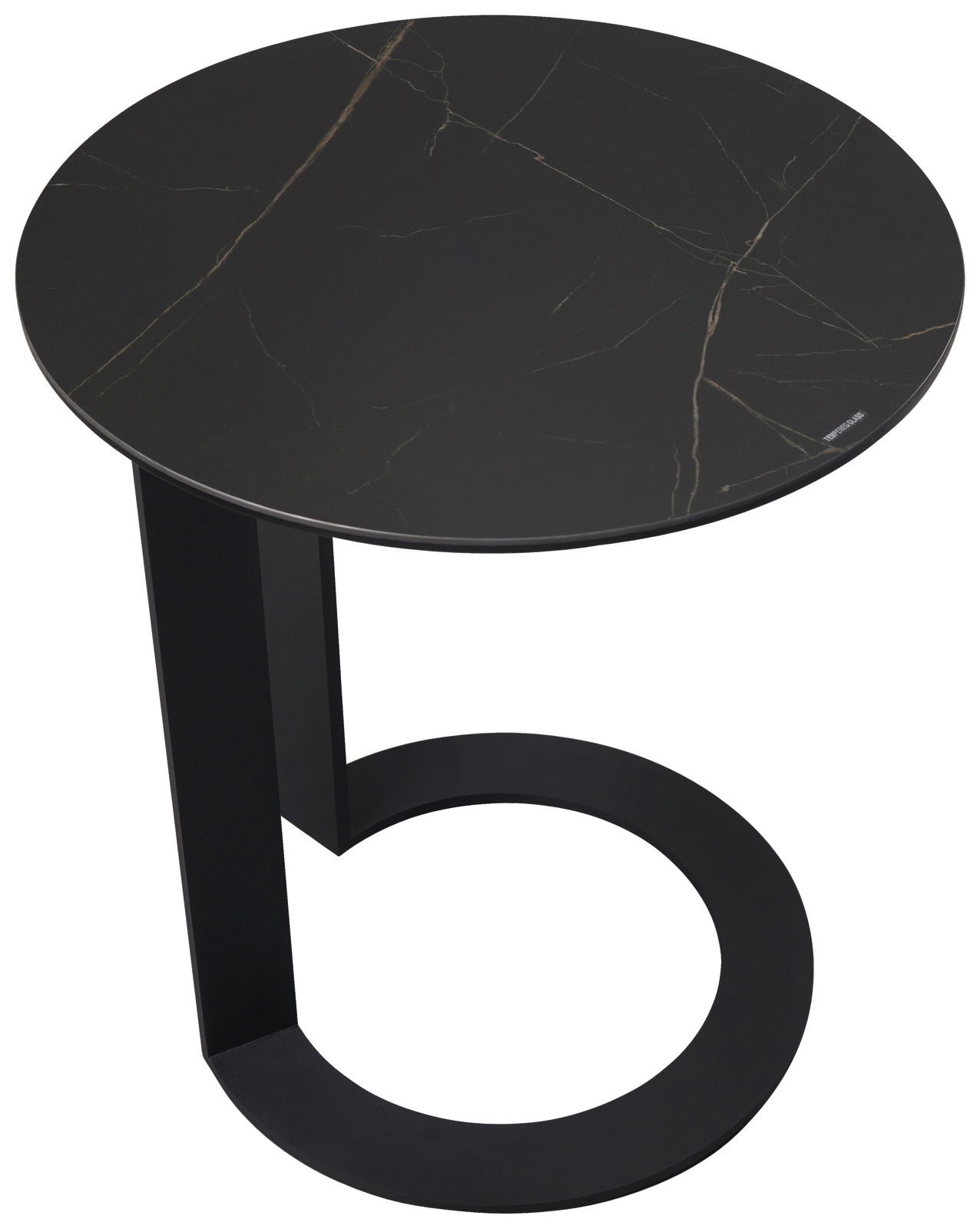 Runder Beistelltisch mit schwarzer Marmoroptik, seitliche Perspektive