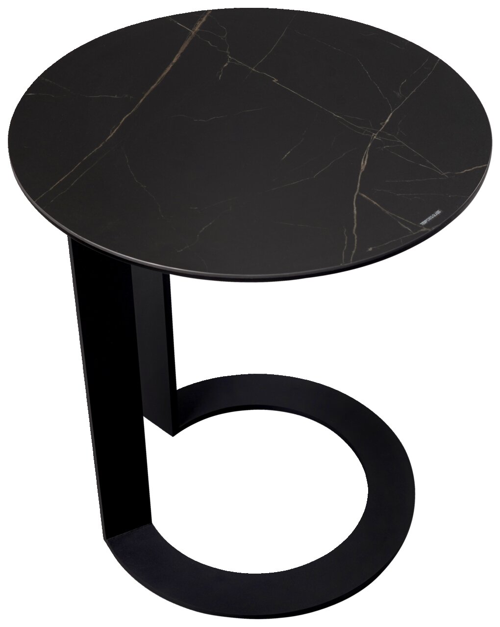 Runder Beistelltisch mit schwarzer Marmoroptik, seitliche Perspektive