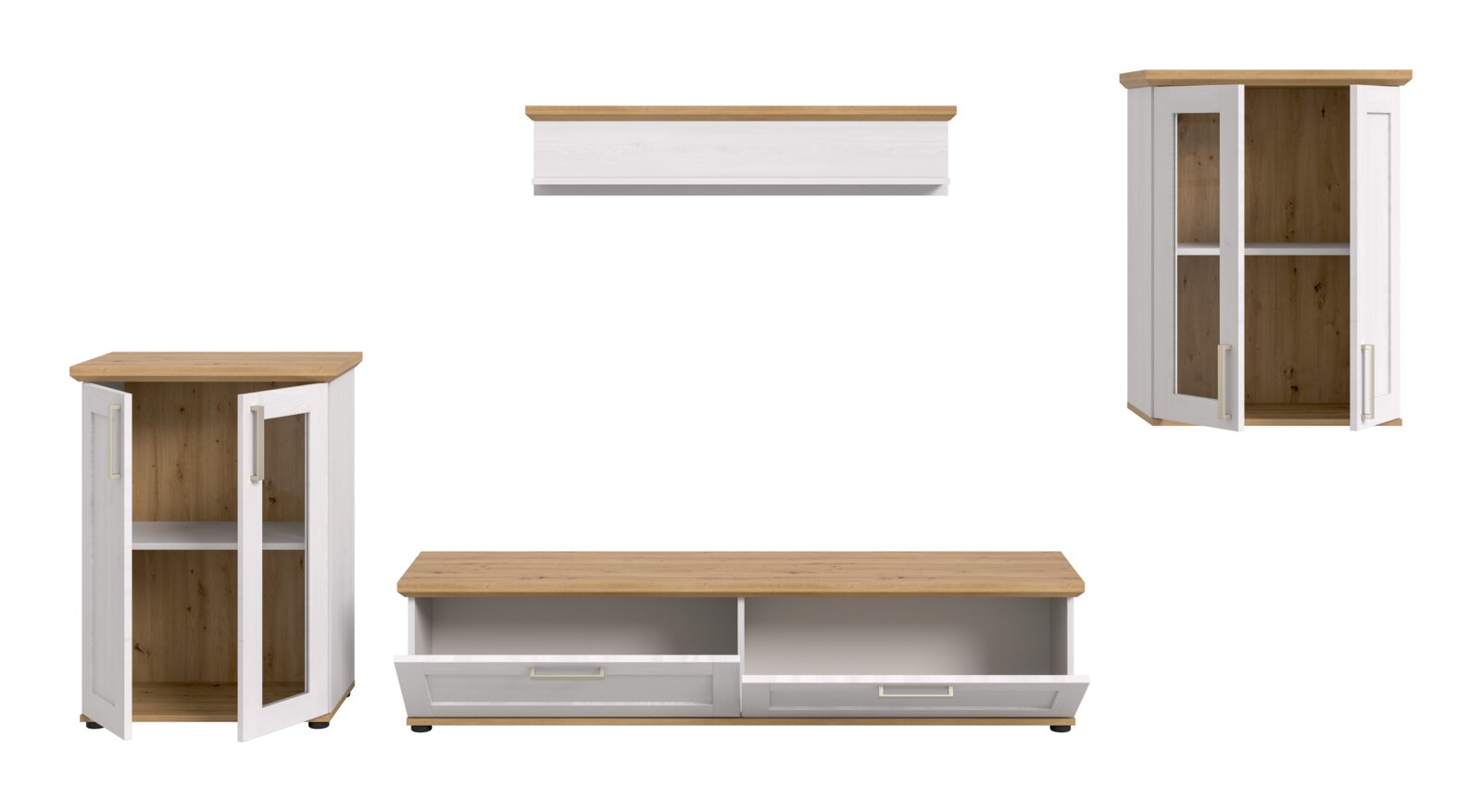 Wohnkombination bestehend aus einem niedrigen TV-Schrank mit zwei Schubladen, einem hängenden Regal und zwei Eckschränken mit Glastüren, in einer frontalen Perspektive.