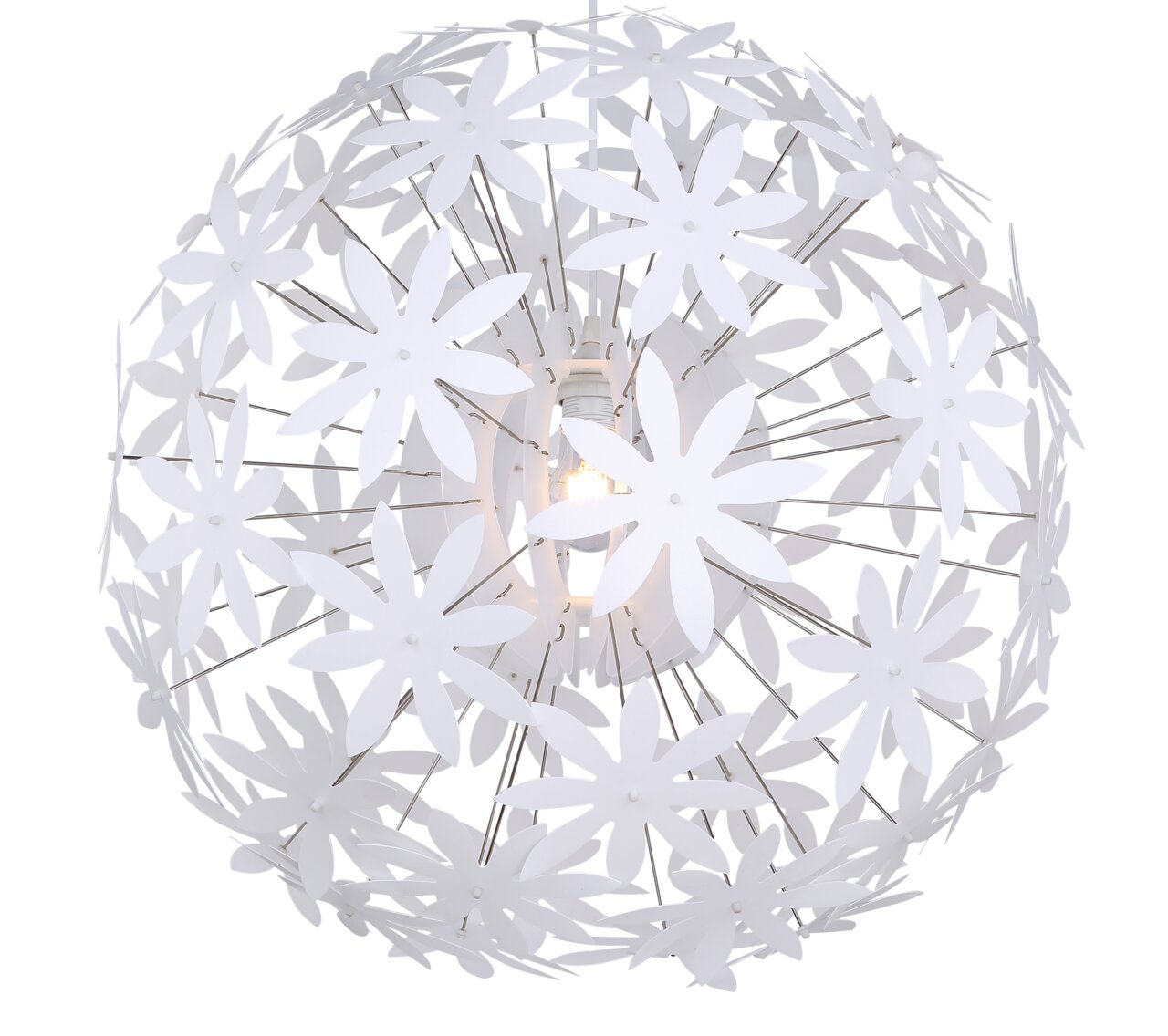 Moderne Hängeleuchte mit weißen Blüten aus der Frontalperspektive