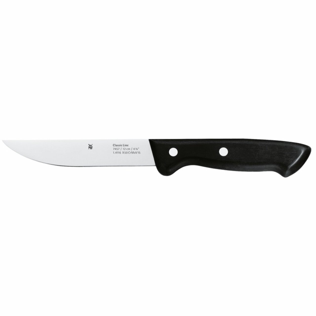 Zubereitungsmesser 12cm mit schwarzem Griff, seitliche Ansicht