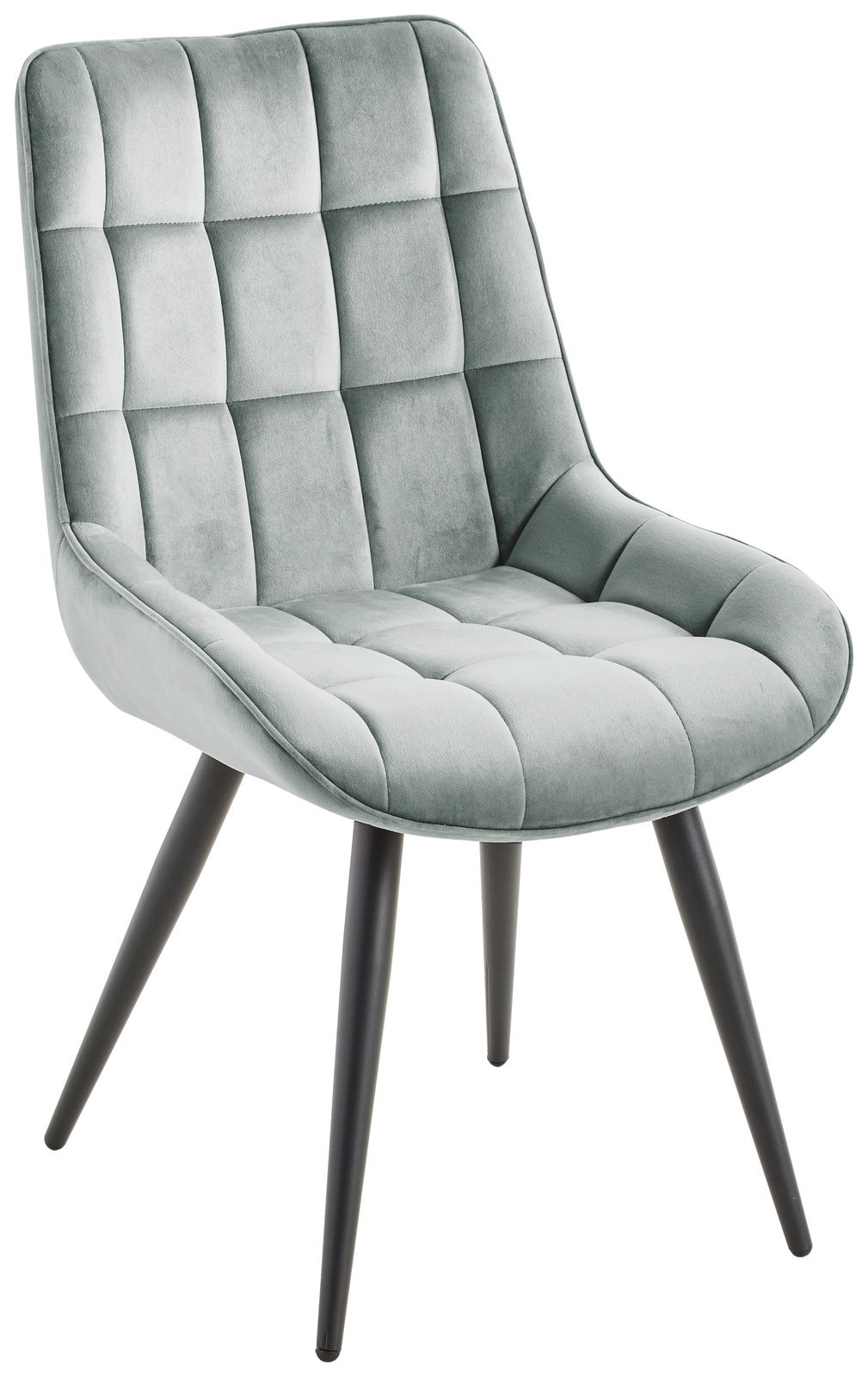 Moderner Stuhl mit gepolsterter Sitzfläche und Rückenlehne in hellgrauem Stoff, seitliche Perspektive