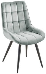 Moderner Stuhl mit gepolsterter Sitzfläche und Rückenlehne in hellgrauem Stoff, seitliche Perspektive