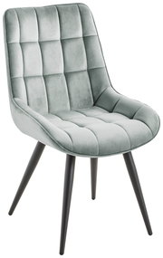 Moderner Stuhl mit gepolsterter Sitzfläche und Rückenlehne in hellgrauem Stoff, seitliche Perspektive