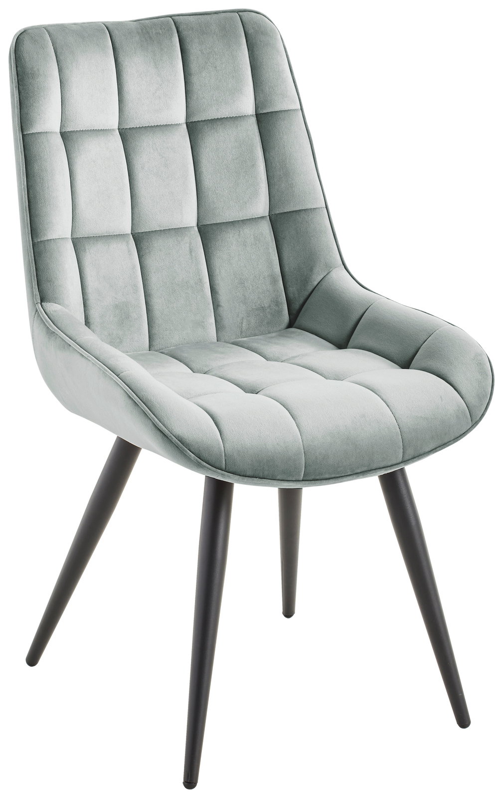 Moderner Stuhl mit gepolsterter Sitzfläche und Rückenlehne in hellgrauem Stoff, seitliche Perspektive