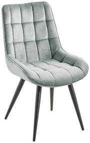 Moderner Stuhl mit gepolsterter Sitzfläche und Rückenlehne in hellgrauem Stoff, seitliche Perspektive