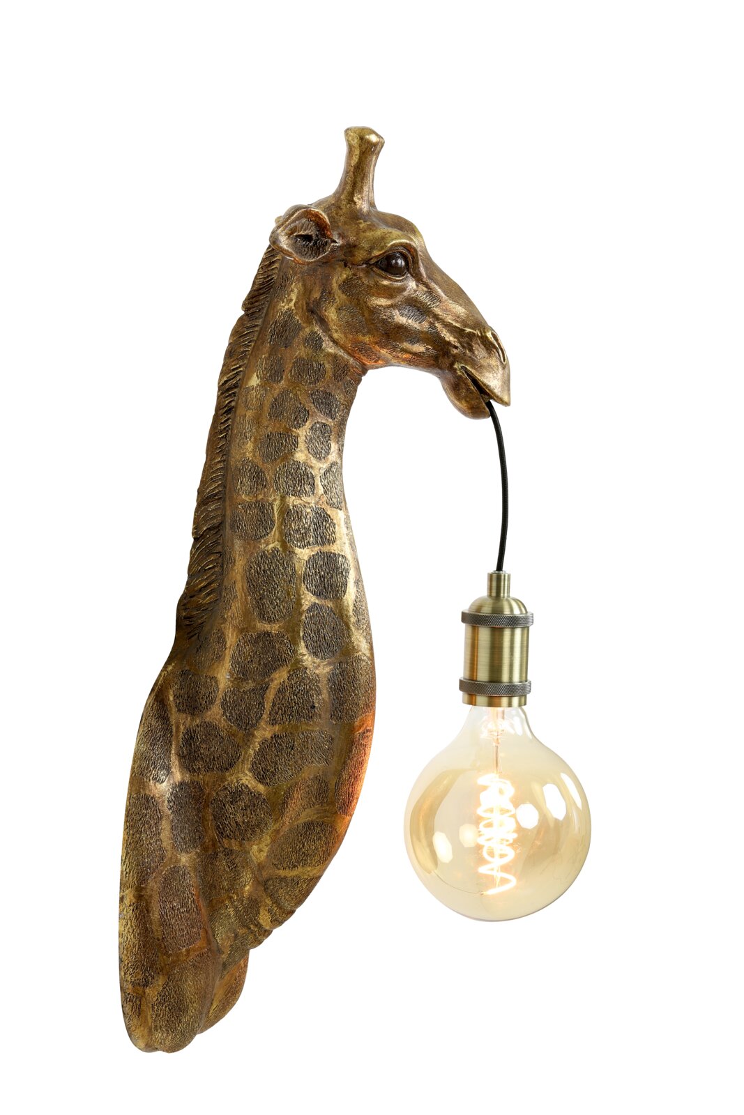 Wandlamp in de vorm van een giraffenkop met een gloeilamp in de bek, zijaanzicht.