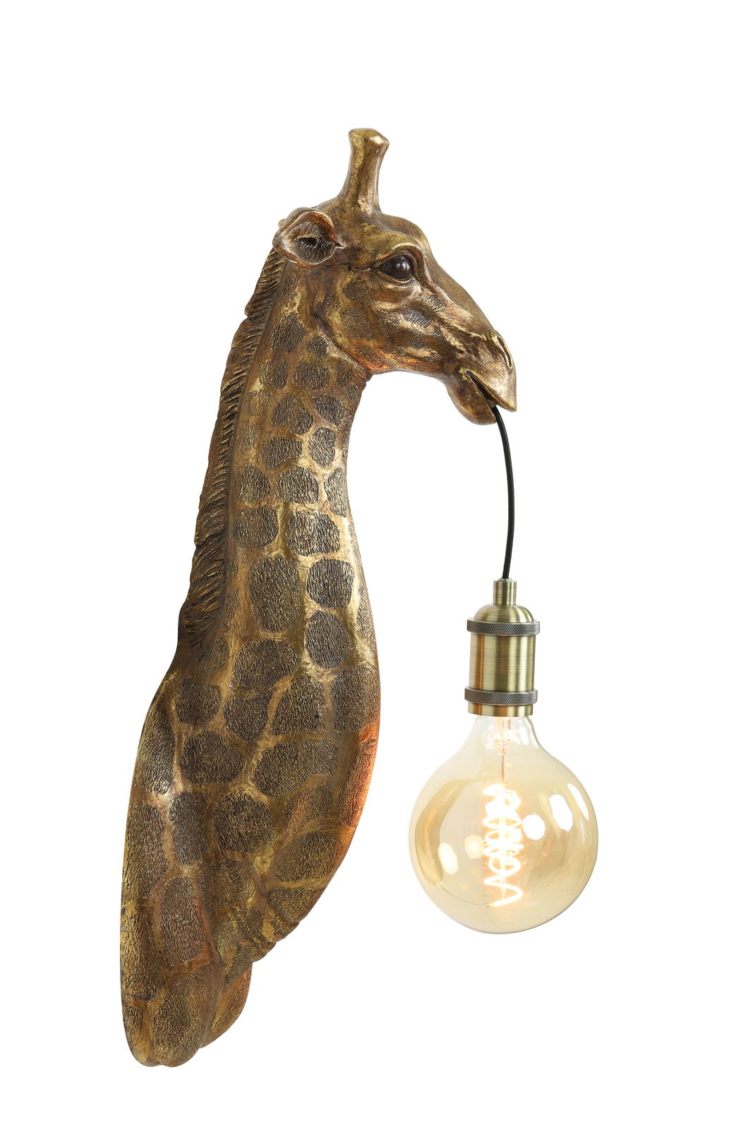 Wandleuchte in Form eines Giraffenkopfes mit einer Glühbirne im Maul, seitliche Perspektive.