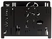 Schwarzer Zeitungsständer mit ausgeschnittenem Design einer stilisierten Frau und dem Wort 'MAGAZINE', seitliche Perspektive.