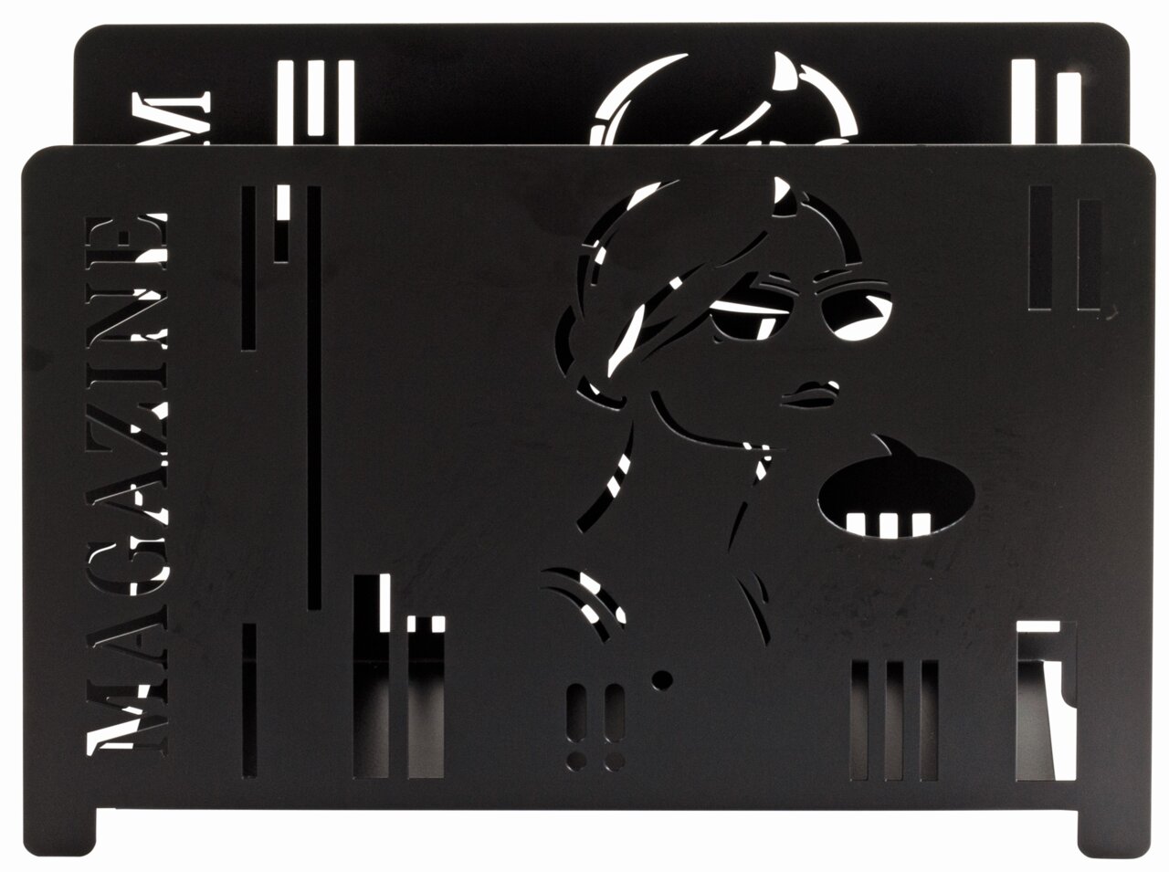 Schwarzer Zeitungsständer mit ausgeschnittenem Design einer stilisierten Frau und dem Wort 'MAGAZINE', seitliche Perspektive.