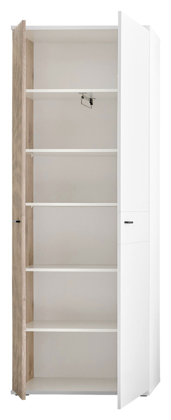 Offener Garderobenschrank mit mehreren Regalböden, teilweise geöffnete Tür, Perspektive von vorne
