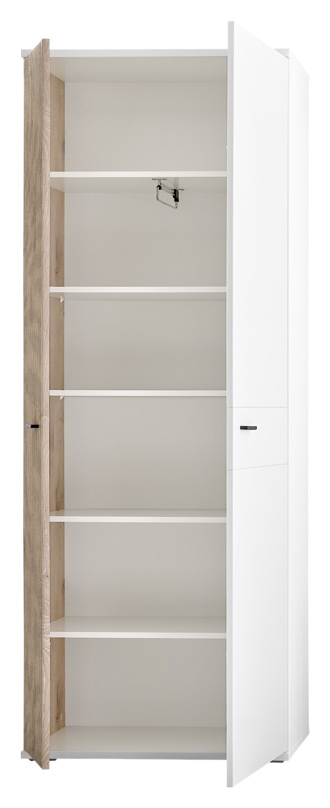 Offener Garderobenschrank mit mehreren Regalböden, teilweise geöffnete Tür, Perspektive von vorne