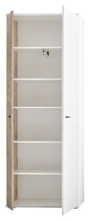 Offener Garderobenschrank mit mehreren Regalböden, teilweise geöffnete Tür, Perspektive von vorne