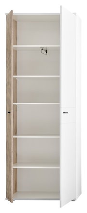 Offener Garderobenschrank mit mehreren Regalböden, teilweise geöffnete Tür, Perspektive von vorne