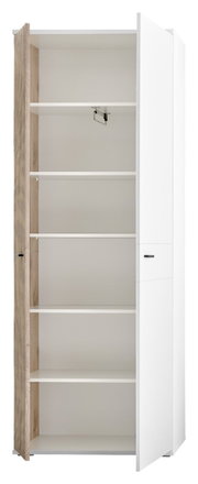 Offener Garderobenschrank mit mehreren Regalböden, teilweise geöffnete Tür, Perspektive von vorne