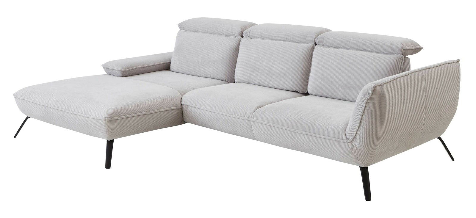 Graues Longchair-Sofa mit schwarzem Metallgestell, seitliche Perspektive