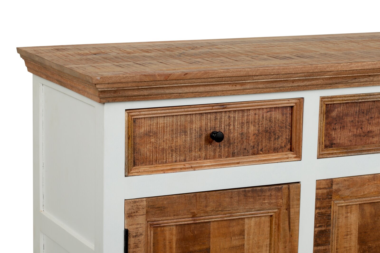 Landscape Dressoir COTTAGE Close-up van een houten dressoir met lades en deuren, zijaanzicht