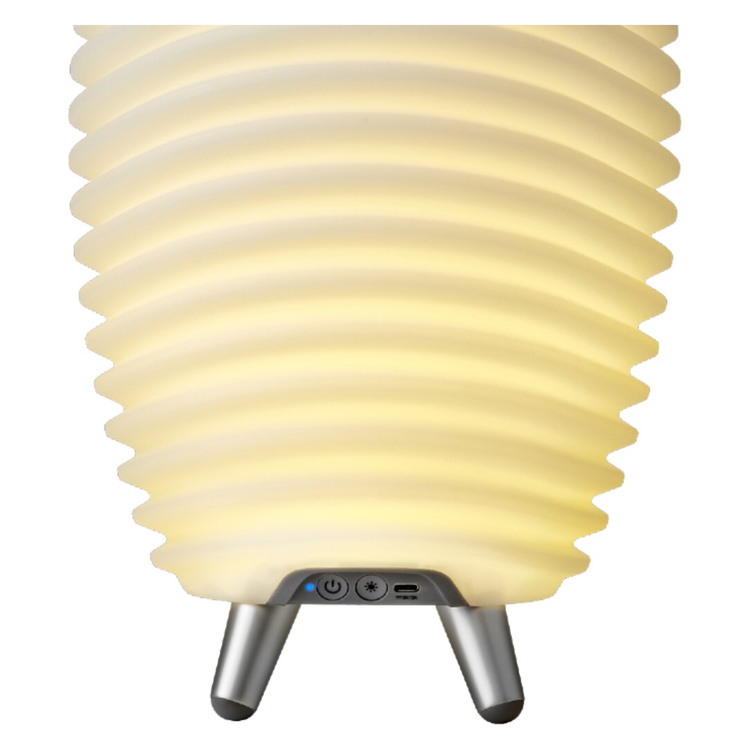 Vorderansicht einer Akku-Leuchte mit geriffeltem Design und integrierten Bedienelementen.