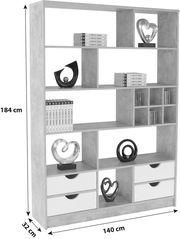 Moderner Raumteiler aus Holz mit mehreren Fächern und Schubladen, dekoriert mit Büchern und Skulpturen, seitliche Perspektive