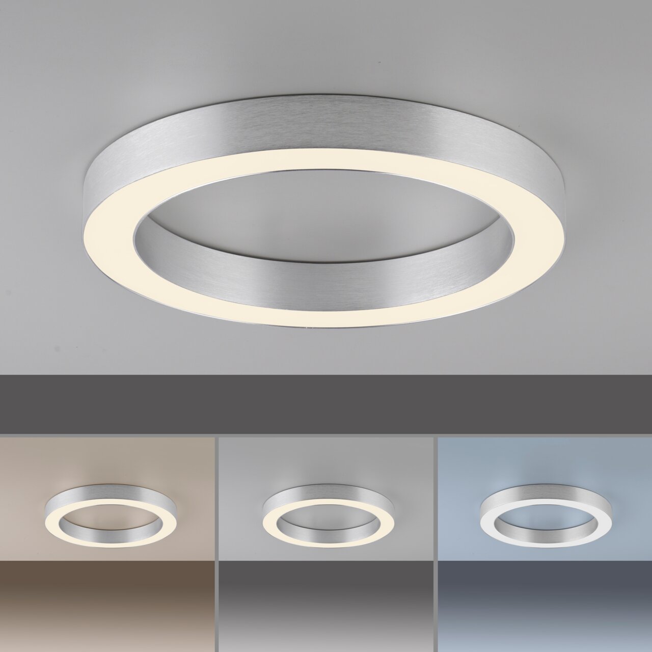 Moderne LED-Deckenleuchte in Ringform aus gebürstetem Metall, von unten betrachtet, mit verschiedenen Lichtfarben.