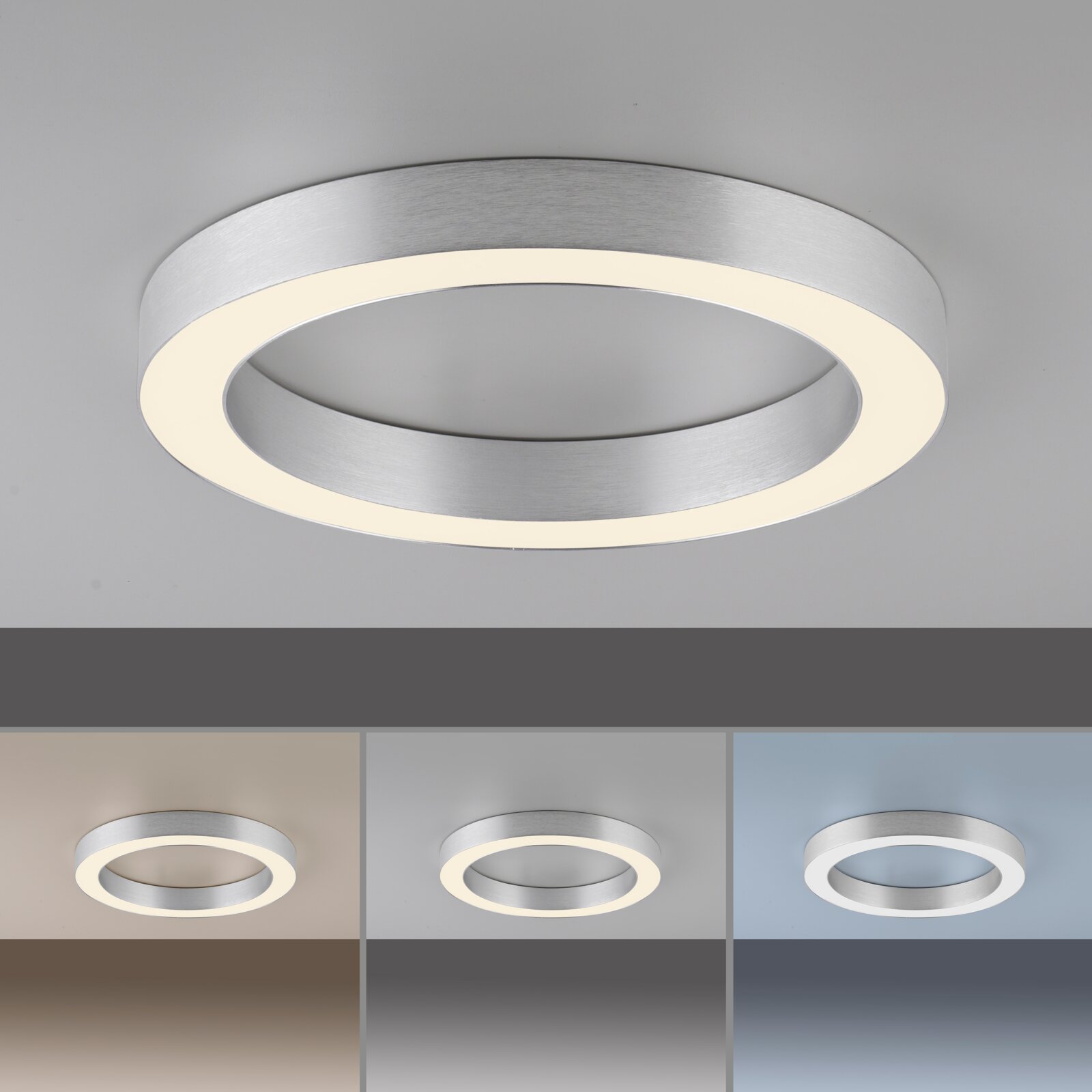 Moderne LED-Deckenleuchte in Ringform aus gebürstetem Metall, von unten betrachtet, mit verschiedenen Lichtfarben.
