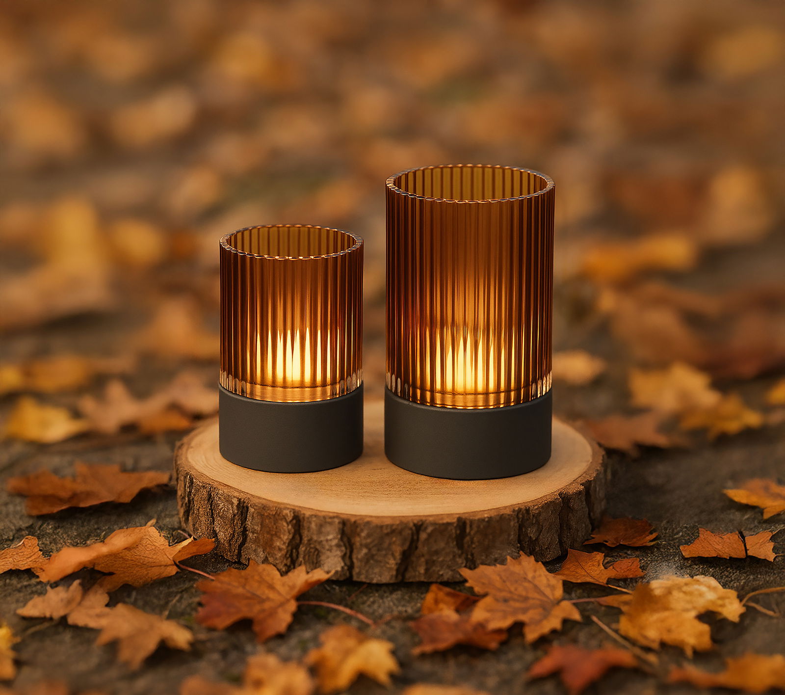 Zwei Akku-Windlichter auf einem Holzbrett, umgeben von Herbstblättern, aus seitlicher Perspektive fotografiert.