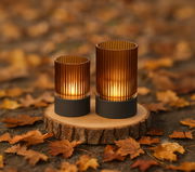 Zwei Akku-Windlichter auf einem Holzbrett, umgeben von Herbstblättern, aus seitlicher Perspektive fotografiert.