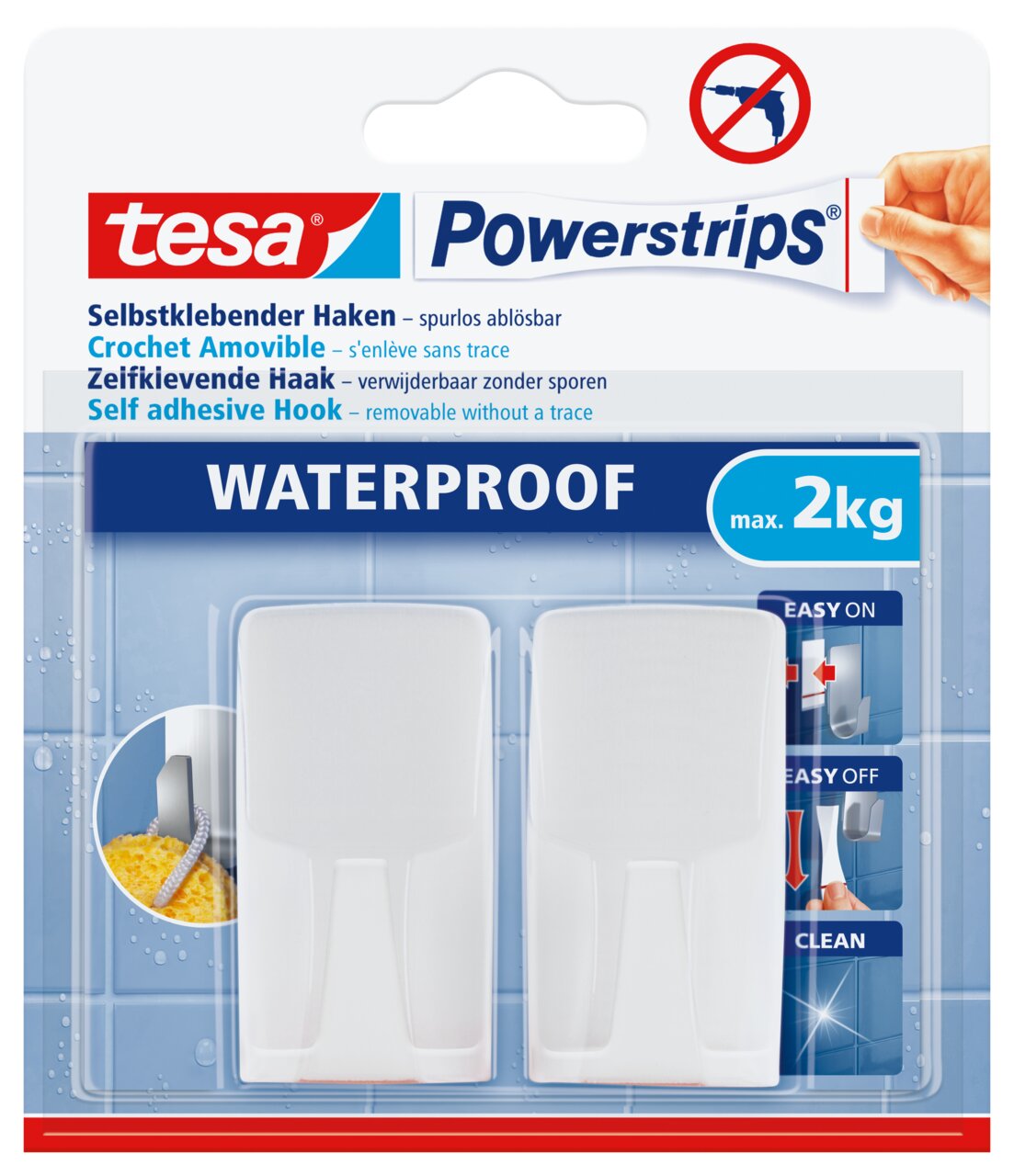 Verpakking van tesa Powerstrips Waterproof-haken, zelfklevend en spoorloos verwijderbaar, geschikt voor maximaal 2 kg, vooraanzicht