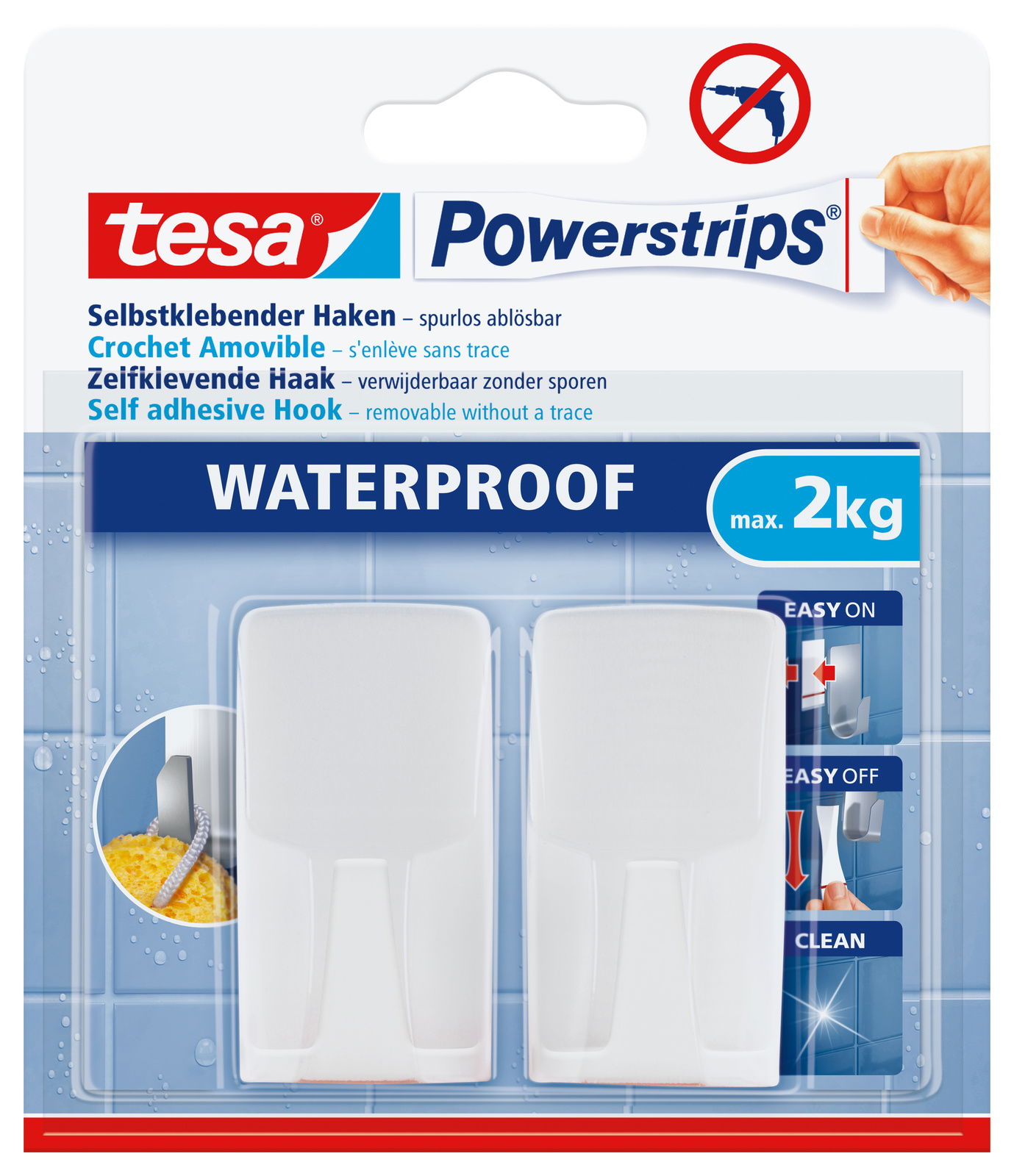 Verpackung von tesa Powerstrips Waterproof Haken, selbstklebend und spurlos ablösbar, geeignet für bis zu 2 kg, Vorderansicht