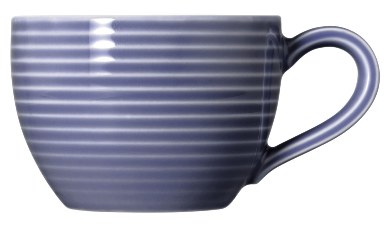 Zijaanzicht van een blauw espressokopje met horizontale strepen en een oor.