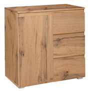 Holzkommode mit drei Schubladen und einer Tür, aus hellem Holz mit natürlicher Maserung, seitliche Perspektive
