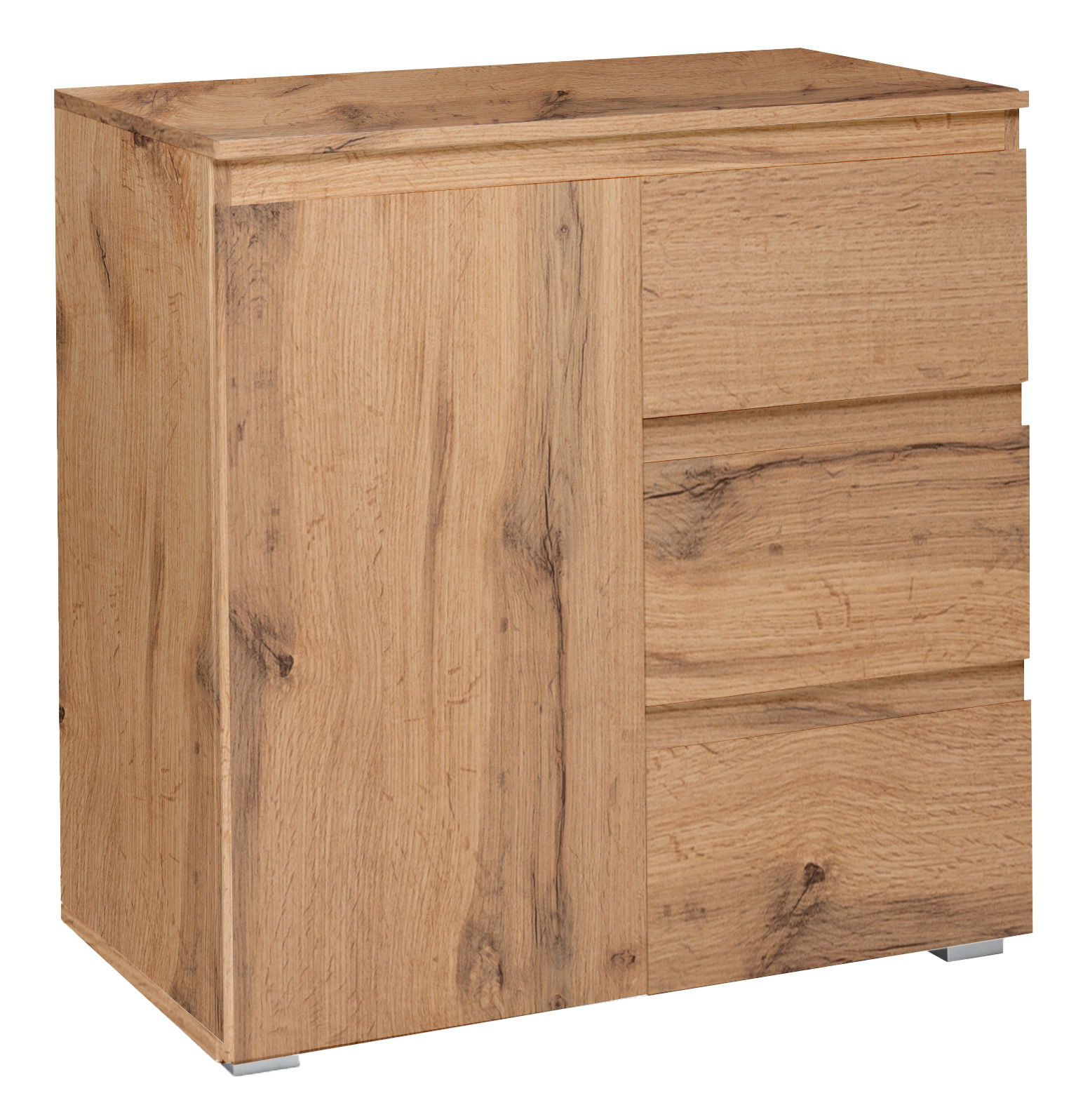 Holzkommode mit drei Schubladen und einer Tür, aus hellem Holz mit natürlicher Maserung, seitliche Perspektive