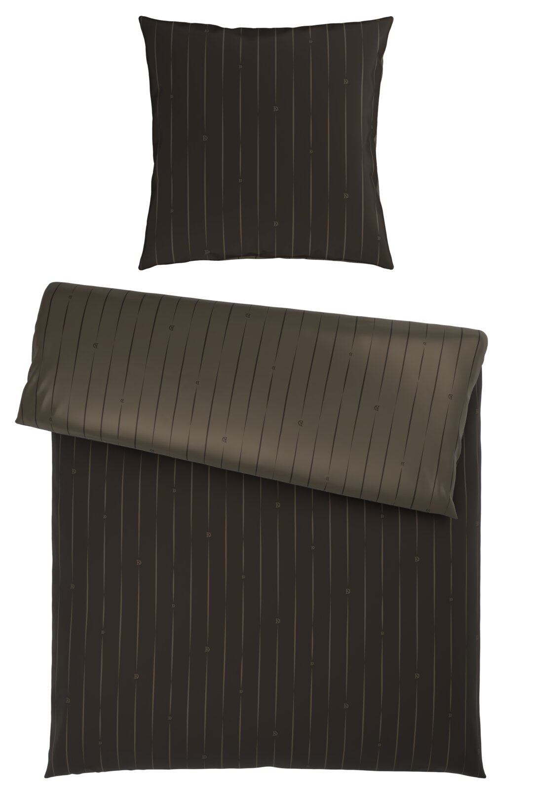 Wendebettwäsche in dunklem Braun mit feinen Streifen, bestehend aus einem Kissenbezug und einem Bettdeckenbezug, aus der Vogelperspektive fotografiert.