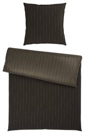 Wendebettwäsche in dunklem Braun mit feinen Streifen, bestehend aus einem Kissenbezug und einem Bettdeckenbezug, aus der Vogelperspektive fotografiert.