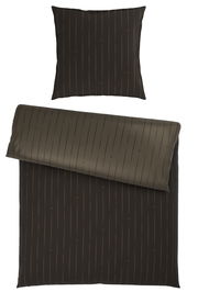 Wendebettwäsche in dunklem Braun mit feinen Streifen, bestehend aus einem Kissenbezug und einem Bettdeckenbezug, aus der Vogelperspektive fotografiert.