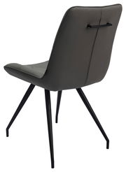 Rückansicht eines modernen grauen Stuhls mit schwarzem Griff und schlanken Metallbeinen.