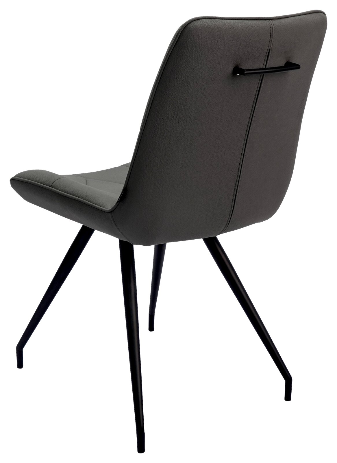 Rückansicht eines modernen grauen Stuhls mit schwarzem Griff und schlanken Metallbeinen.