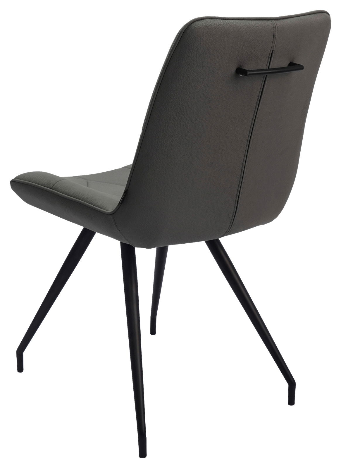 Rückansicht eines modernen grauen Stuhls mit schwarzem Griff und schlanken Metallbeinen.