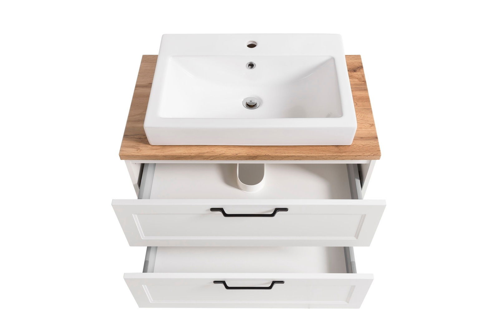 Waschtisch-Set mit weißem Waschbecken auf Holzplatte und zwei offenen Schubladen, Ansicht von oben