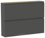 Moderner Hängeschuhschrank in dunklem Grau mit zwei Klappen und Holzoberfläche, seitliche Perspektive